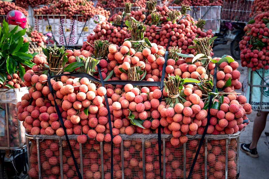 Abundant fresh lychee bunches at an outdoor market ready for sale.