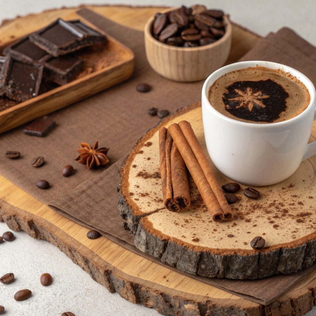 Kakao w formie napoju oraz czekolada i cynamon na drewnianej tacce
