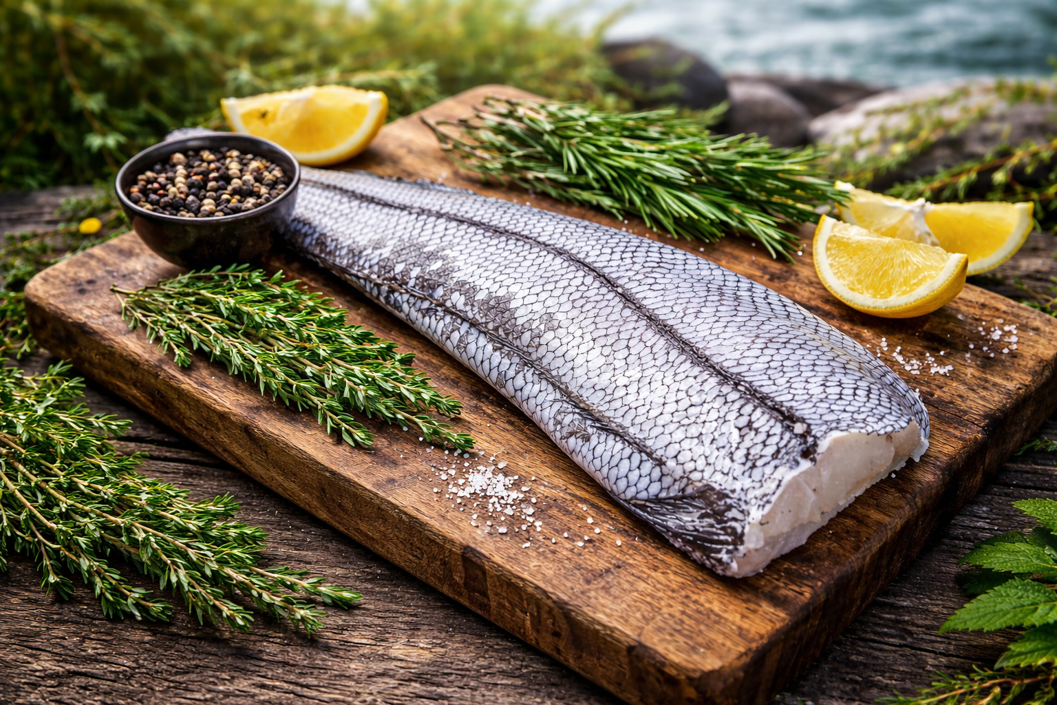 Filet z Miruny na drewnianej desce z ziołami i cytryną - fot. inspiracyjne.