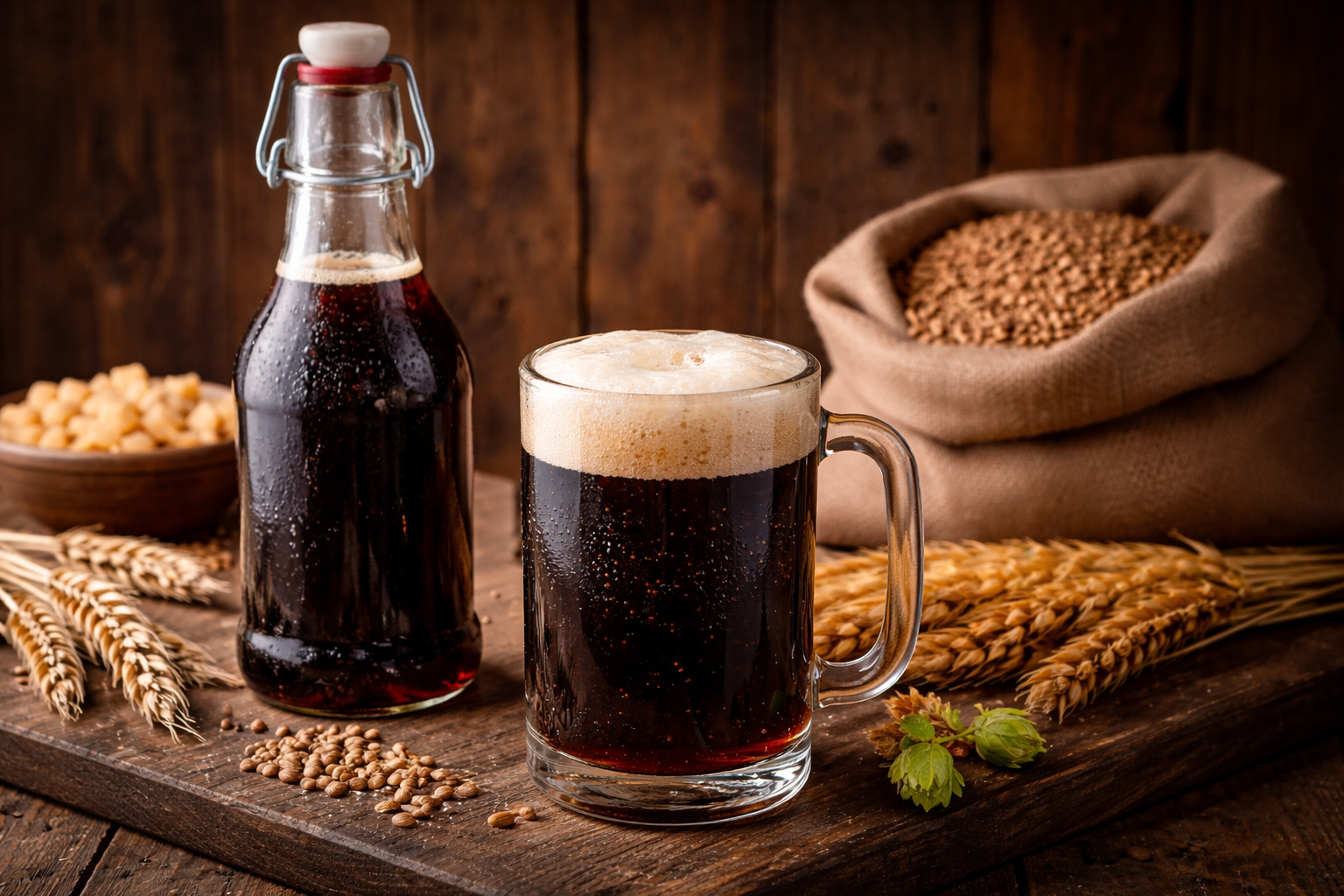Ilustracja tradycyjnego napoju znanego jako podpiwek. Na zdjęciu butelka i kufel z napojem oraz ziarna zbóż