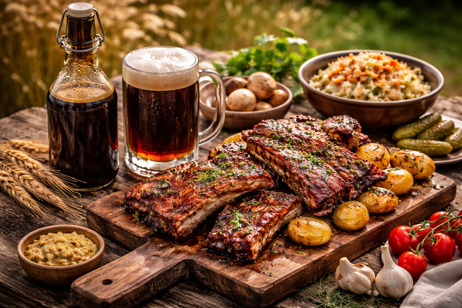 Mięso marynowane w podpiwku, na bogato zastawionym stole z ogórkiem kiszonym, ziemniakami pieczonymi oraz sałatkami.