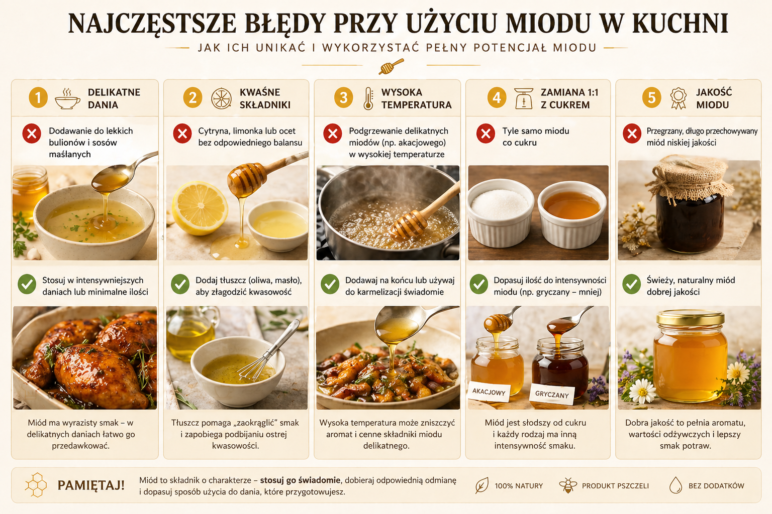 Najczęstsze błędy przy używaniu miodu w kuchni – temperatura, proporcje, łączenie z cytrusami i dobór rodzaju miodu