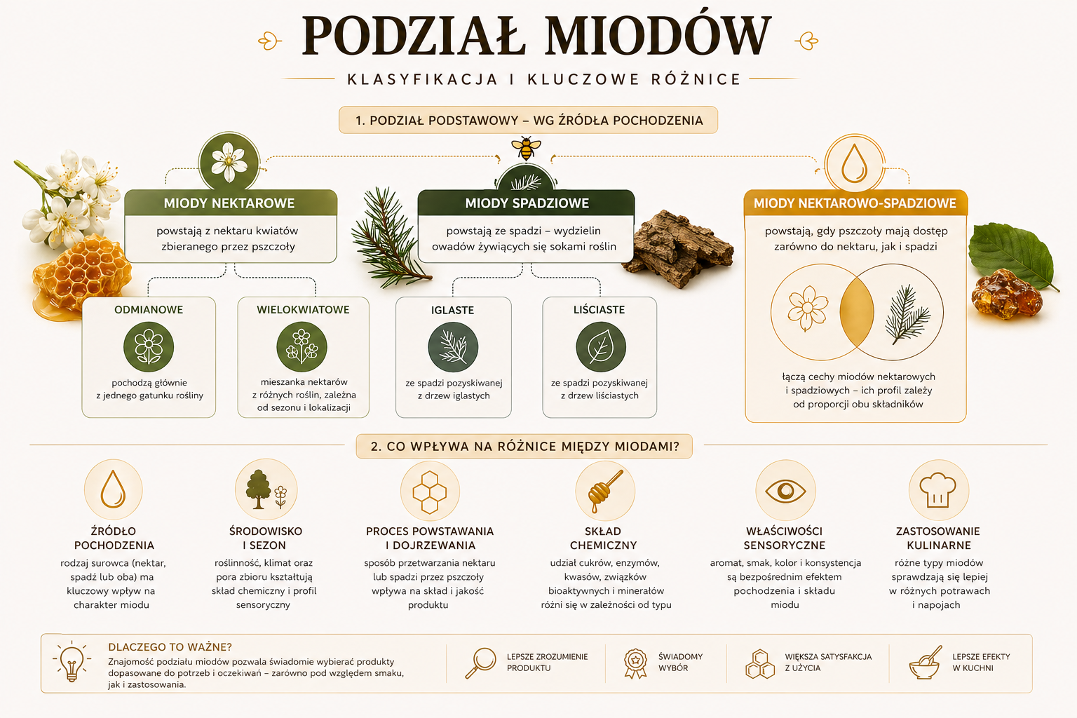 Podział miodów według pochodzenia – schemat pokazujący miody nektarowe, spadziowe oraz nektarowo-spadziowe i ich zależności