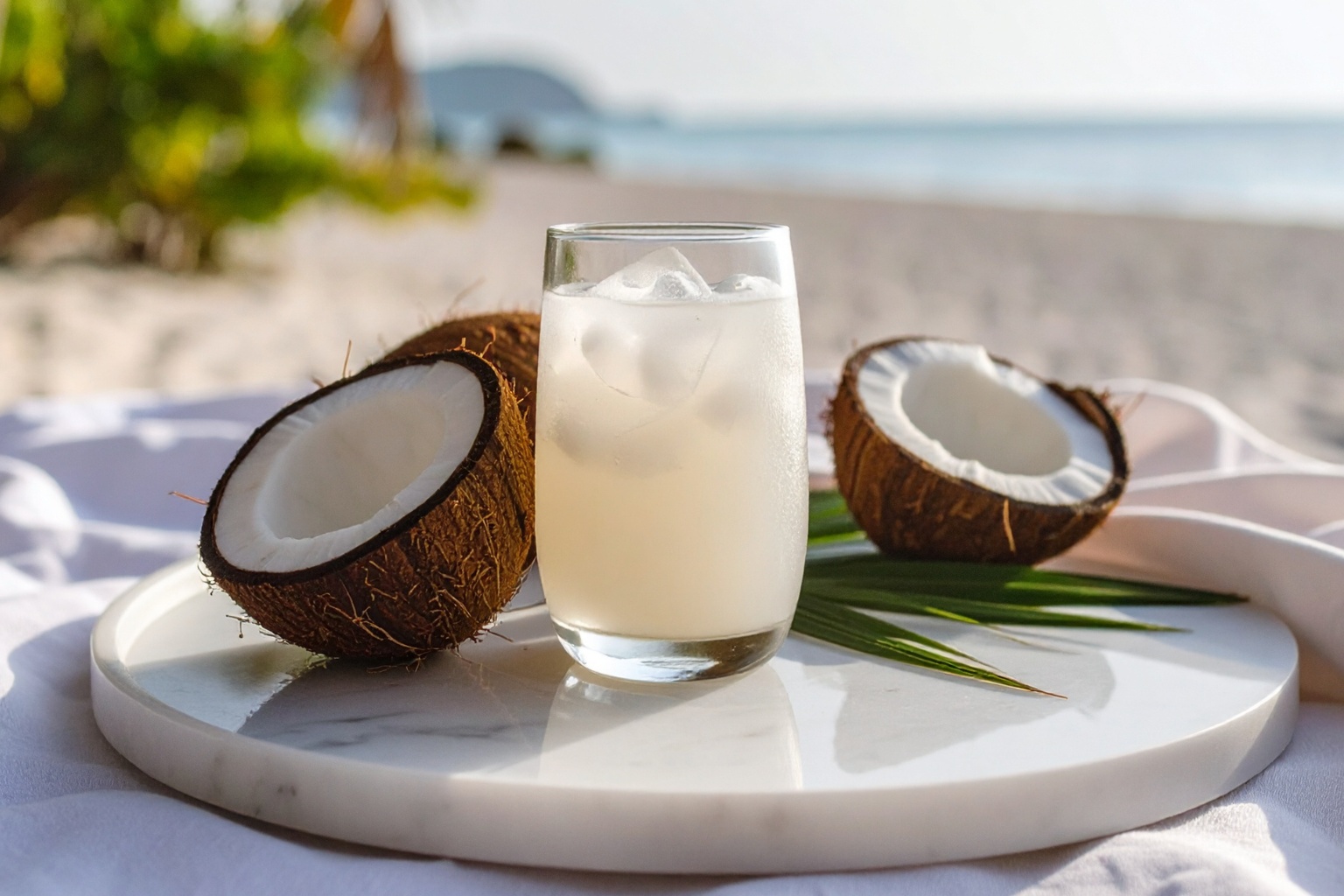 Woda kokosowa podana w towarzystwie przepołowionego kokosa na rajskiej plaży 