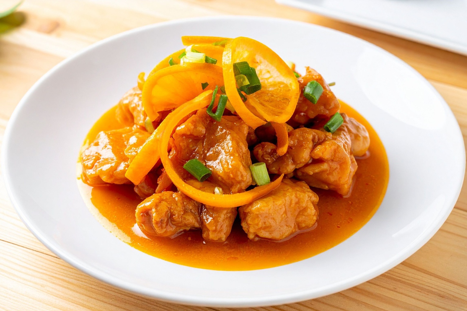 Pomarańcza w formie skórki oraz sosu pomarańczowego w daniu z rybą.