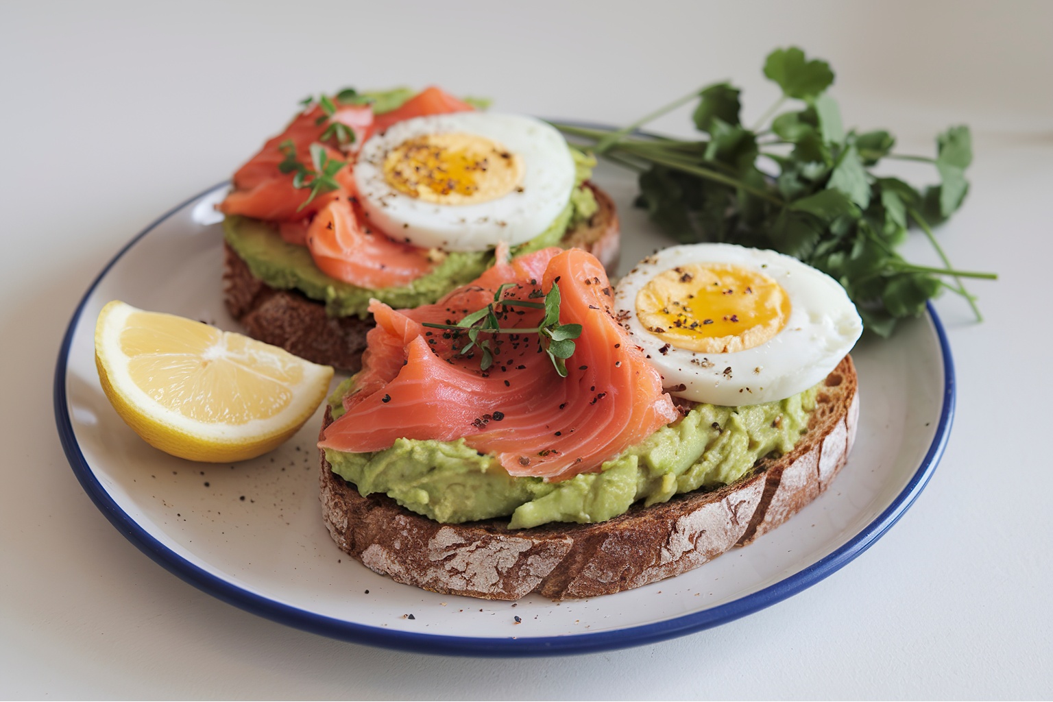 Chleb razowy z jajkiem, łososiem i guacamole