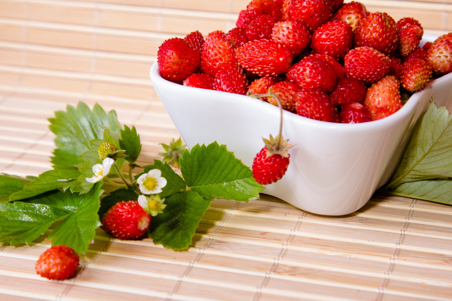 Poziomki świeże w białej miseczce oraz na gałązce