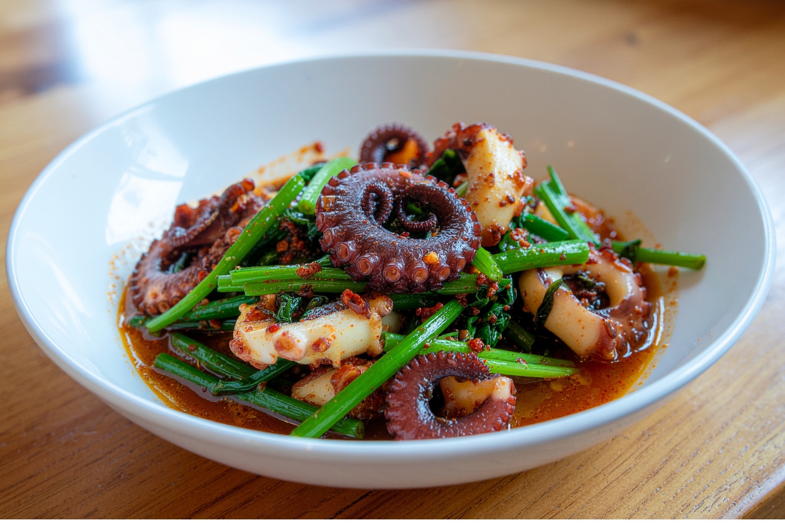 Ośmiornica smażona z czosnkiem i chili, podana z zielonymi warzywami i aromatycznym sosem na bazie oliwy.