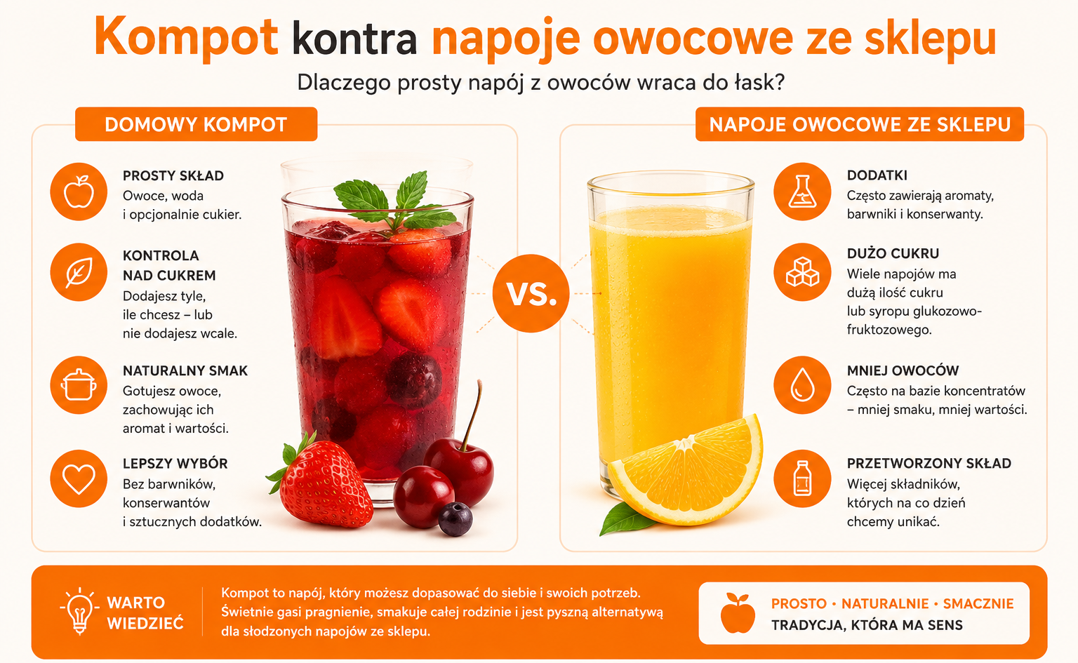 grafika zawiera informacje czym różni się kompot od soku owocowego