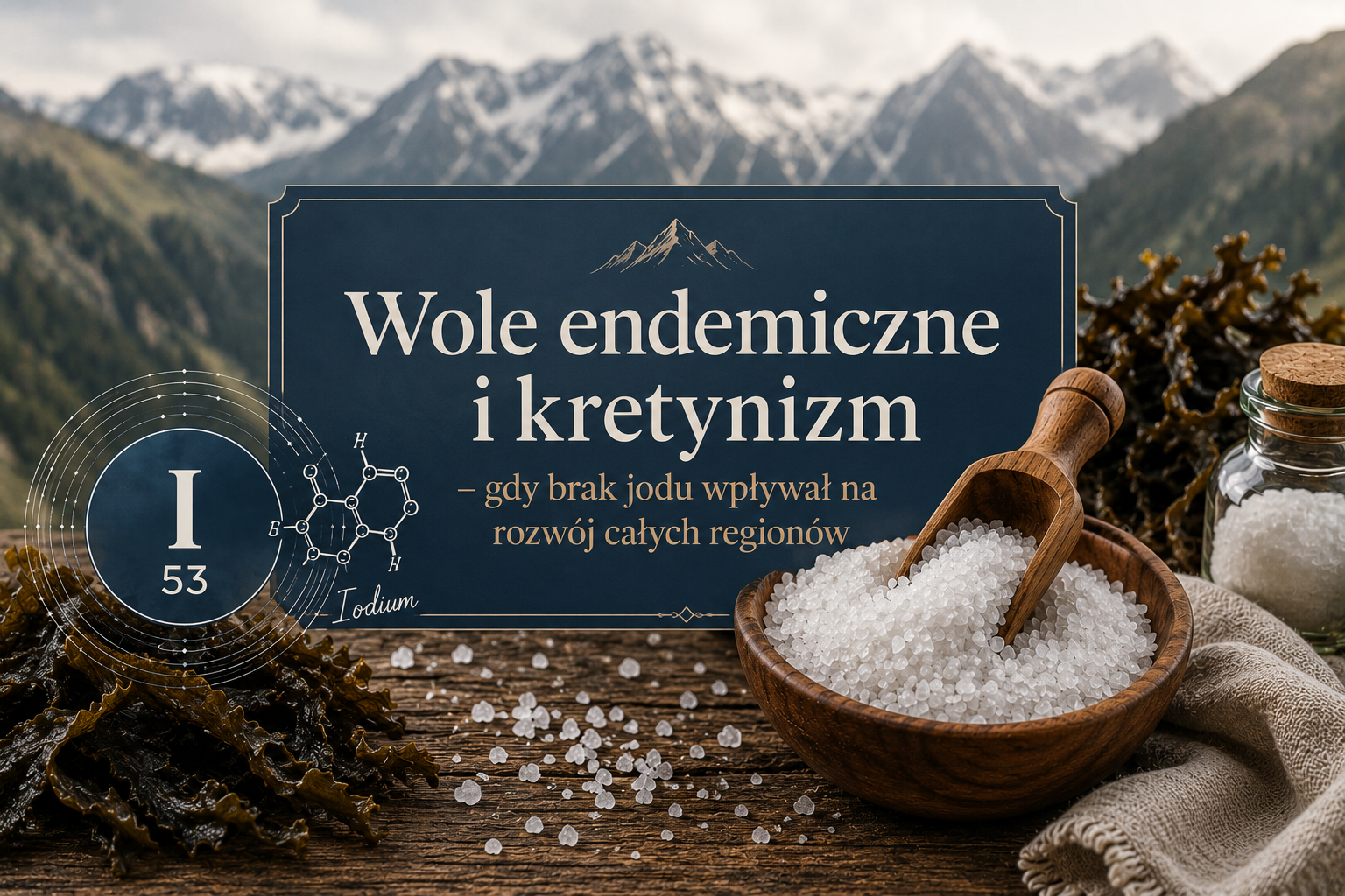 Grafika przedstawiająca sól, wodorosty i symbol jodu na tle gór, nawiązująca do historii wola endemicznego, kretynizmu oraz znaczenia jodu w profilaktyce chorób tarczycy.