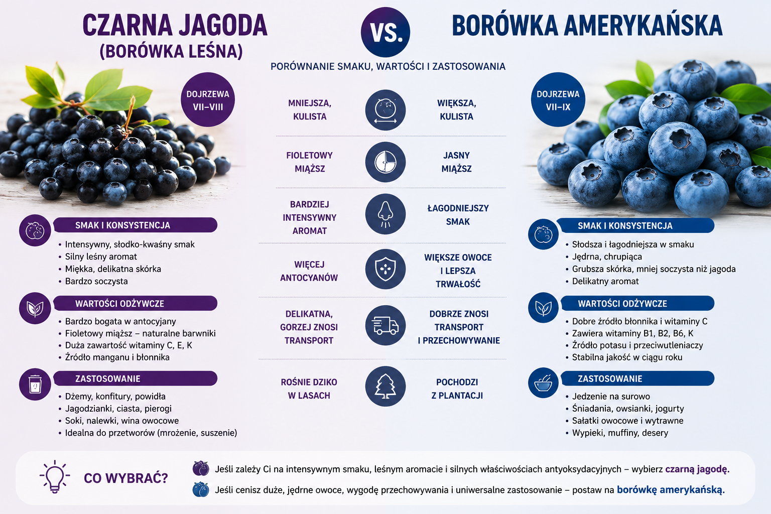 Infografika porównująca czarną jagodę (borówkę leśną) i borówkę amerykańską pod względem smaku, wartości odżywczych oraz zastosowania kulinarnego.